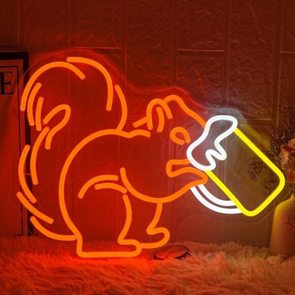 New Squirrel Beer Neon Sign, Dimmable orange LED Wall Light for Room & Bar Decor